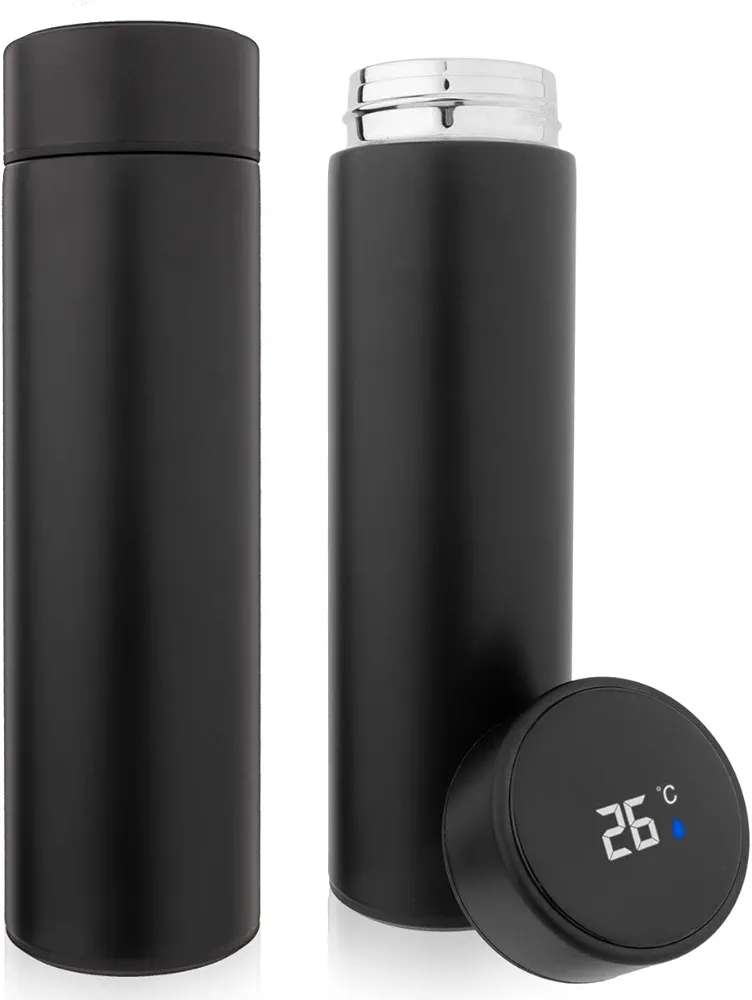 QiCheng&LYS Coffee Thermos,Tea Infuser Bottle,Smart Sports Water Bottle with LED Temperature Display,17 OZ Vacuum-Insulated Stainless-Steel Water Bottle (Black)