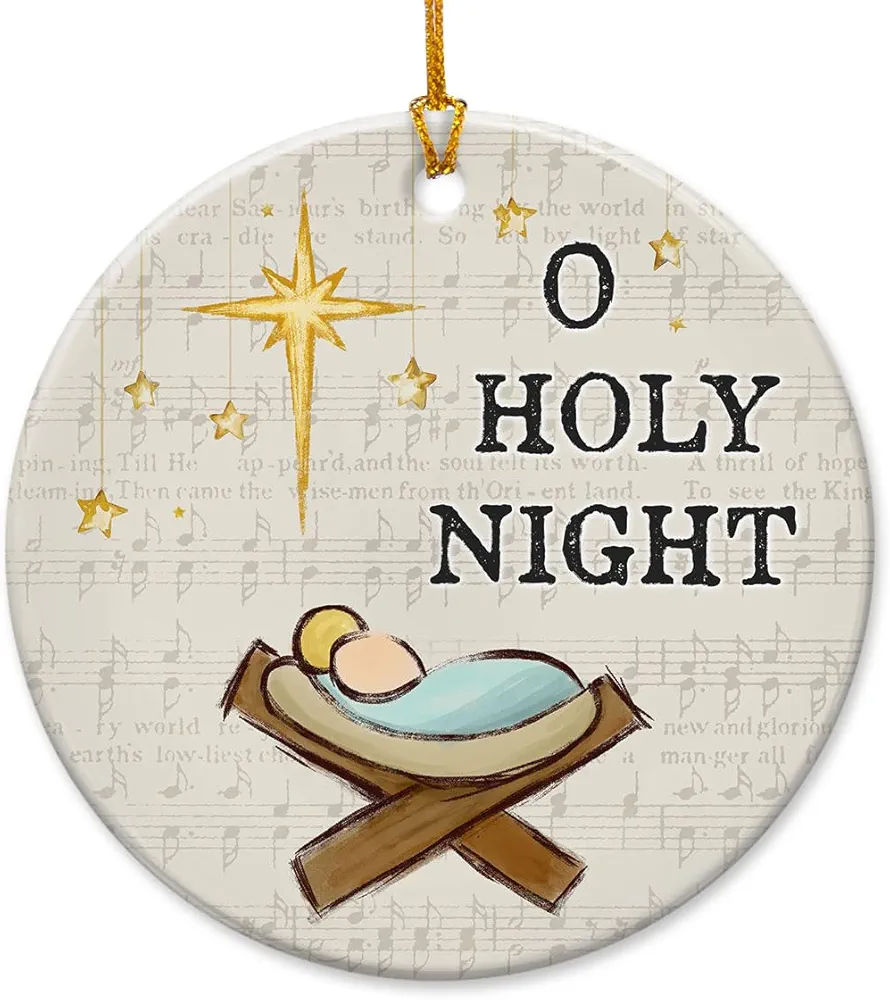Nativity Christmas Ornaments 2024 - O Holy Night Decor, Baby Jesus Ornaments for Christmas Tree - 3 Inches Round Religious Catholic Ceramic Christmas Ornaments, Christmas Tree Decorations