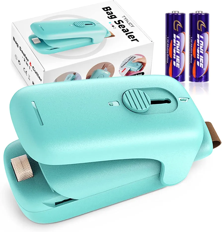 Mini Bag Sealer, Handheld Vacuum Heat Sealer and Cutter, Portable Chip Bag Resealer Sealing Machine for Snack Plastic Fresh Bags Cookies Green - Battery Not Included (Green)