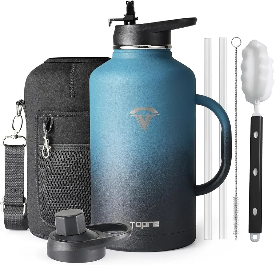 64 oz Insulated Stainless Steel Water Bottle with Handle and Carry Pouch, Half Gallon Mug Tumbler with Straw Lid Spout Lid,Reusable Metal Water Bottle Jug Flask Cup,Keep Cold & Hot,Indigo Black