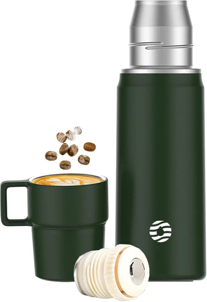 Insulated Water Bottle with Cup, 29 OZ Stainless Steel Water Bottle, Coffee Insulated Bottle with Handle, Double-Walled Thermal Water Bottle for Hot Drinks & Cold Drinks, Army Green
