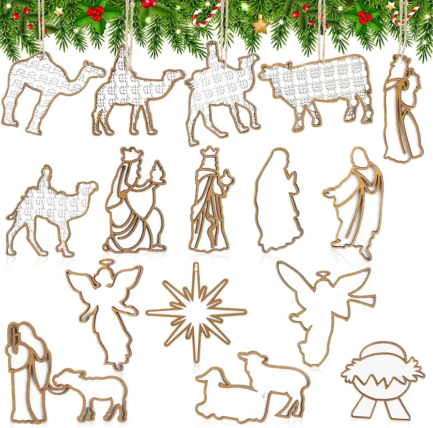 Soaoo 16 Pcs Christmas Nativity Scene Ornaments Boho Wooden Nativity Scene for Christmas Tree 3D Rustic Christian Christmas Ornament Religious Hanging Ornament for Xmas Christmas Tree Decor