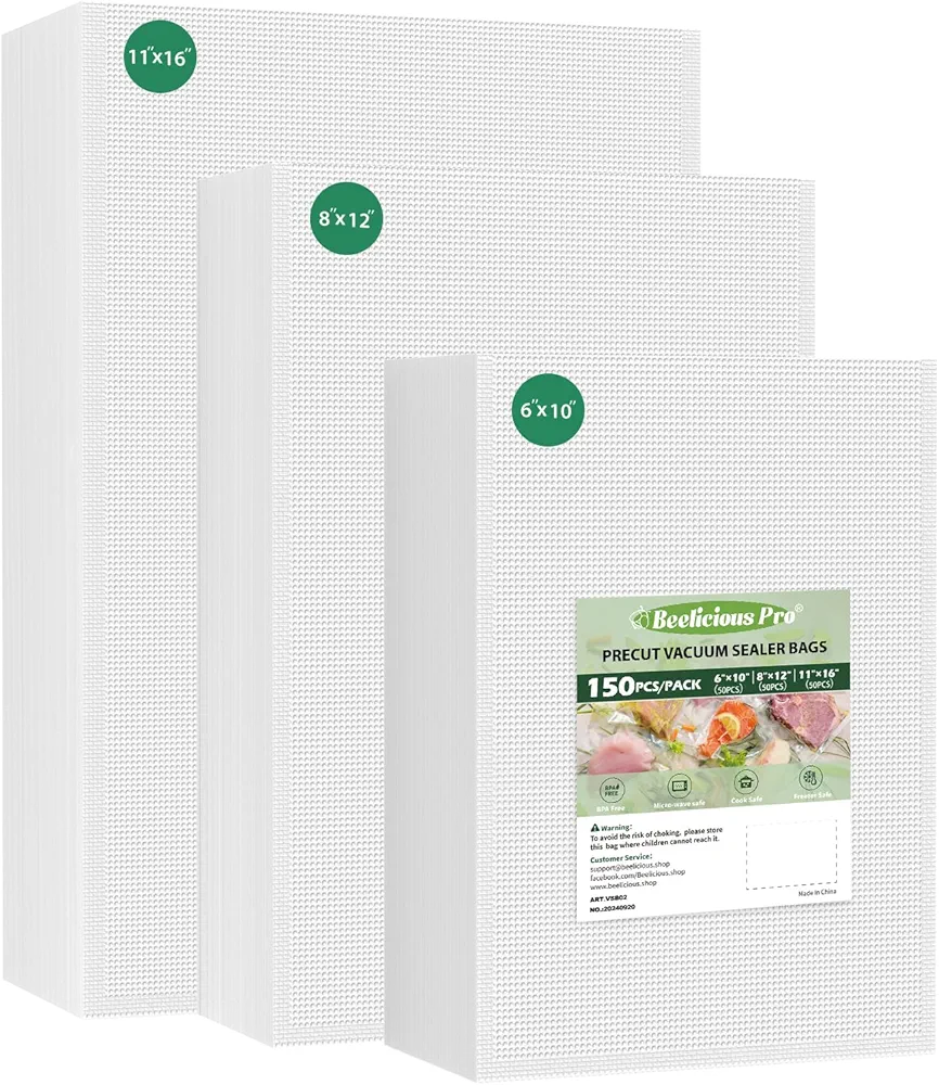 Vacuum Sealer Bags for Food Storage 150 Gallon 11" x 16" and Quart 8" x 12" and Pint 6" x 10", with BPA-Free, Commercial PreCut Vacuum Seal Bags for Sous Vide & Seal a Meal