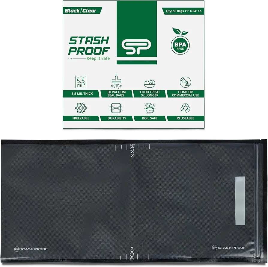 Resealable Zipper Vacuum Seal Bags 11" x 24" (50 Count) 5.5 Mil (Black and Clear) - BPA Free Commerical Grade Food Saver for Storage, Sous Vide, and Meal Prep Sealer Bag
