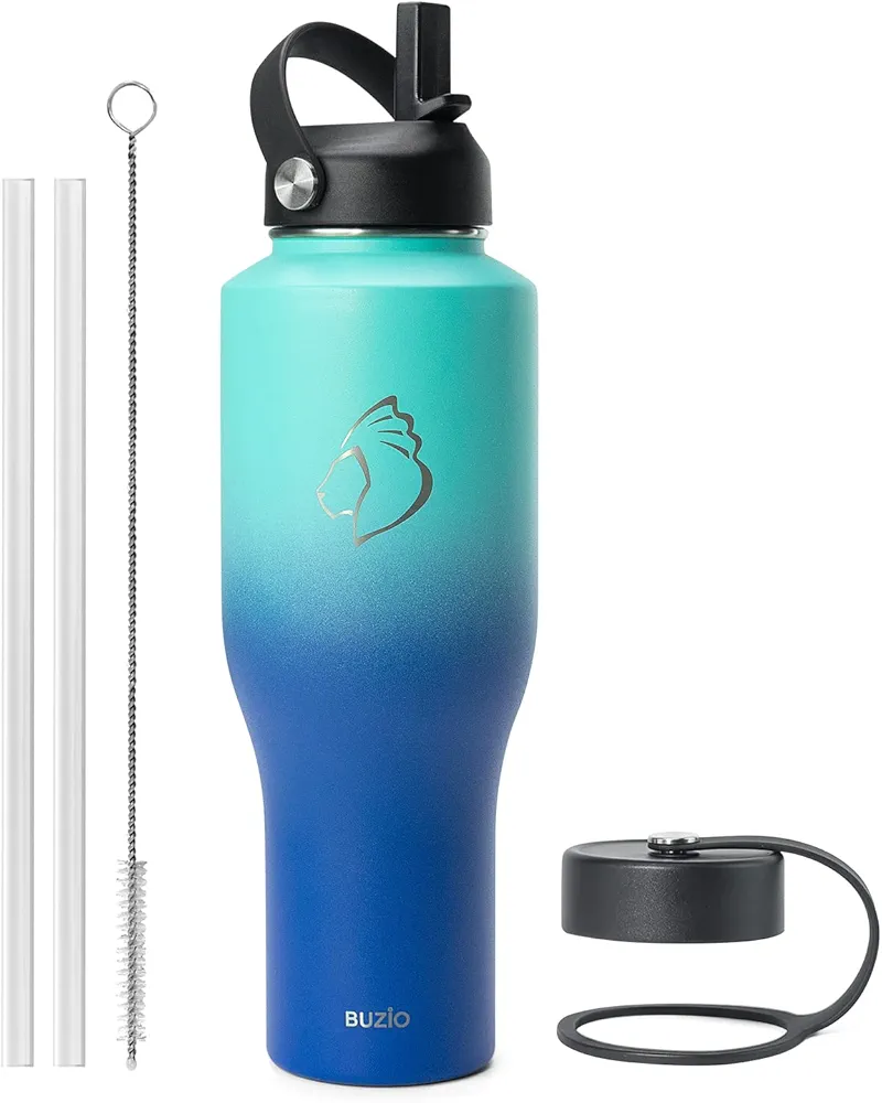 BUZIO 40 oz Insulated Tumbler with Straw and Lids, Stainless Steel Water Bottle Fits in Any Car Cup Holders, Double Wall Metal Tumbler Flask Large Capacity, Travel Cold Bottles, Leak-Proof Tumbler