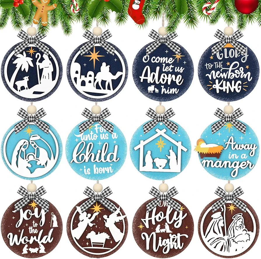 Huwena 24 Pcs Christmas 3D Wooden Ornaments Vintage Nativity Ornaments Bulk for Christmas Tree Decoration Christmas Religious Ornament Rustic Hanging Gift Tag for Xmas Tree Home Craft(Jesus Style)
