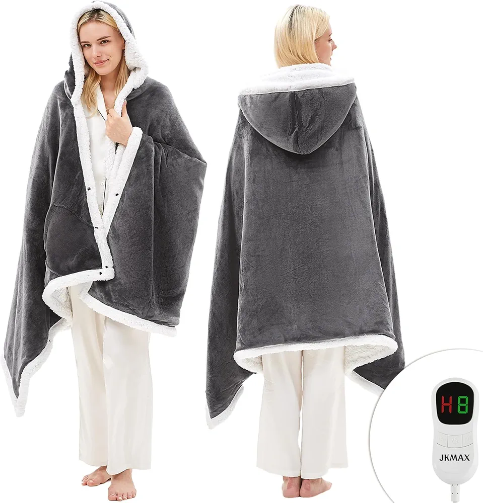 JKMAX Heated Electric Blanket Shawl - Wearable Heating Blanket Heated Throw Blanket - Heated Hoodie Poncho Wearable Sherpa Wrap with 10-Level Heating Auto-off for Adults (40''x70'', Grey)