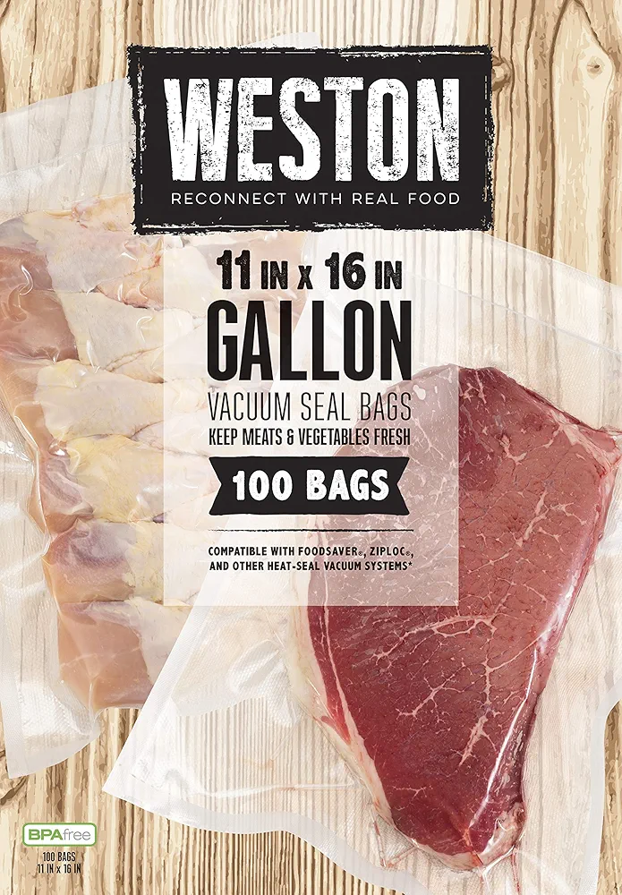 Weston Vacuum Sealer Bags, 2 Ply 3mm Thick, for NutriFresh, FoodSaver & Other Heat-Seal Systems, for Meal Prep and Sous Vide, BPA Free, 11" x 16" (Gallon), 100 Count, Clear