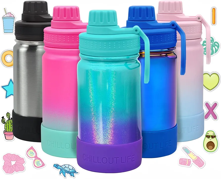 CHILLOUT LIFE 12 oz Kids Insulated Water Bottle for School with Leakproof Spout Lid and Cute Waterproof Stickers, Personalized Stainless Steel Thermos Flask Metal Water Bottle for Girls & Boys