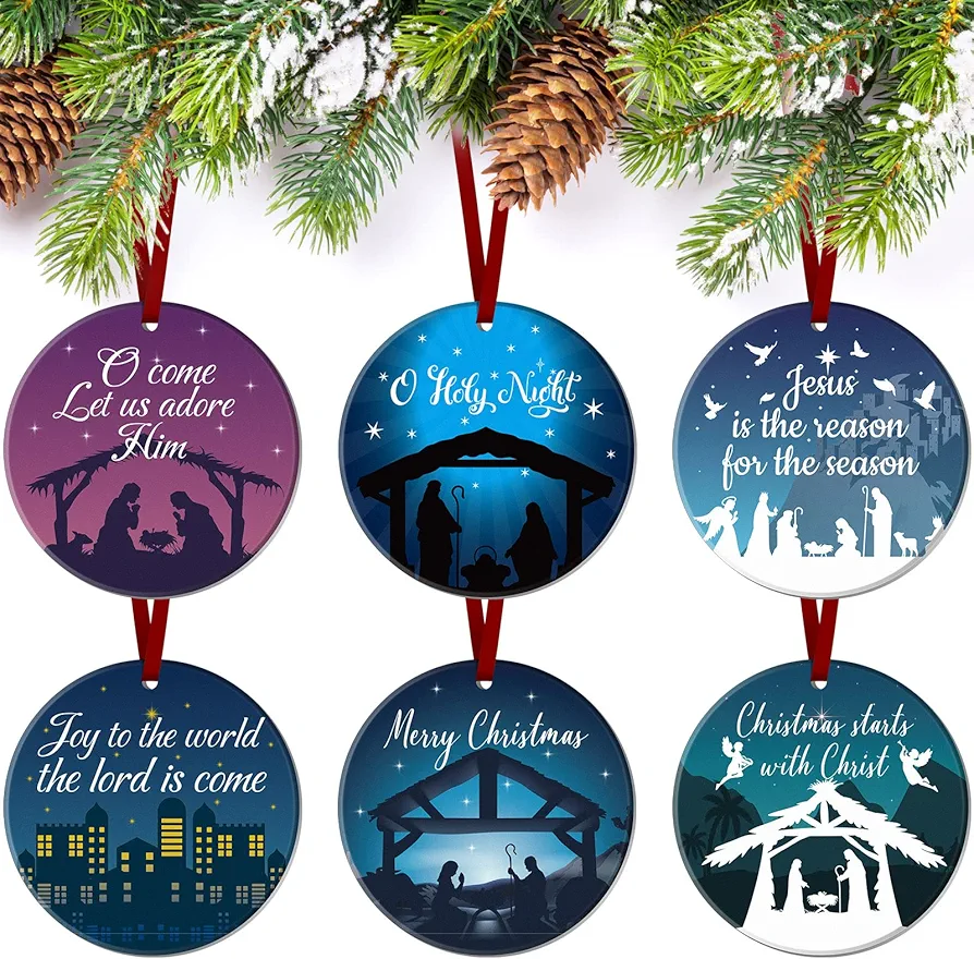 Karenhi 6 Pcs Nativity Christmas Ornaments Oh Holy Night Christmas Ornament Christian Religious Ornaments for Christmas Tree Ceramic Round Jesus Nativity Xmas Tree Hanging Decorations Christian Gifts