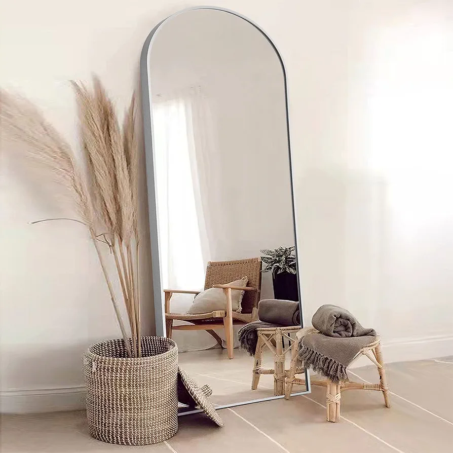 NeuType Arched Full Length Mirror Standing Hanging or Leaning Against Wall, Oversized Large Bedroom Mirror Floor Mirror Dressing Mirror, Aluminum Alloy Thin Frame, Silver, 65"x22"