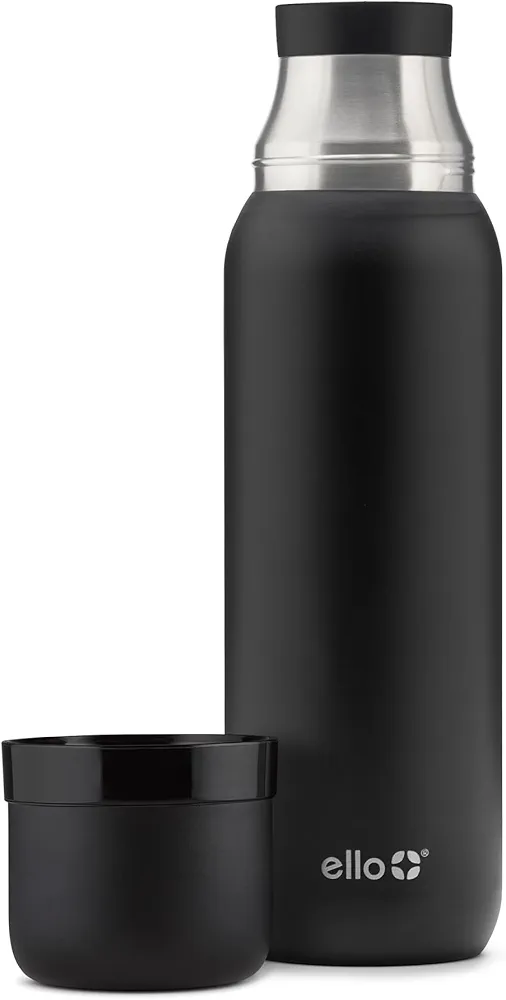 Ello Therma 32oz Insulated Stainless Steel Thermos for Hot & Cold Beverages with Leak Proof Lid & Built-in Cup, Triple Wall Insulation, Hot 24 Hrs, Perfect for Coffee,Tea, Dishwasher Safe, Black