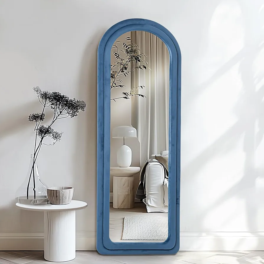 Full Length Mirror 63"x24" Arched Full Body Mirror Wall Mounted Floor Mirror with Stand Blue Flannel Frame Leaning Hanging Wall Mirror for Bedroom Entrance