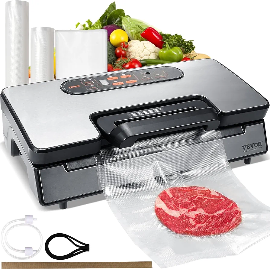 VEVOR Vacuum Sealer Machine, Food Sealer Machine，Dry and Moist Food Storage, Automatic and Manual Air Sealing System with Built-in Cutter, with Seal Bag， External Hose 90Kpa 130W Powerful Dual Pump