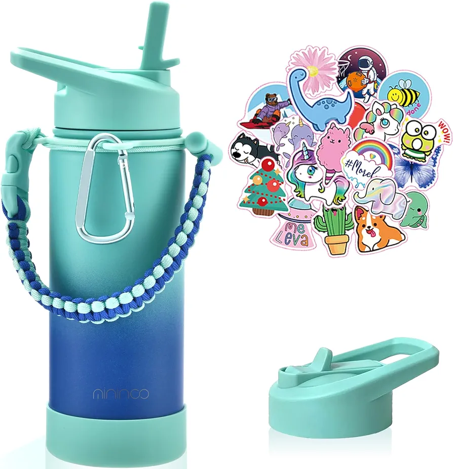 mininoo Insulated Kids Water Bottle, 16oz Stainless Steel Water Bottle Kids with Paracord Handle for Girls, Boys（Sky/Blue）
