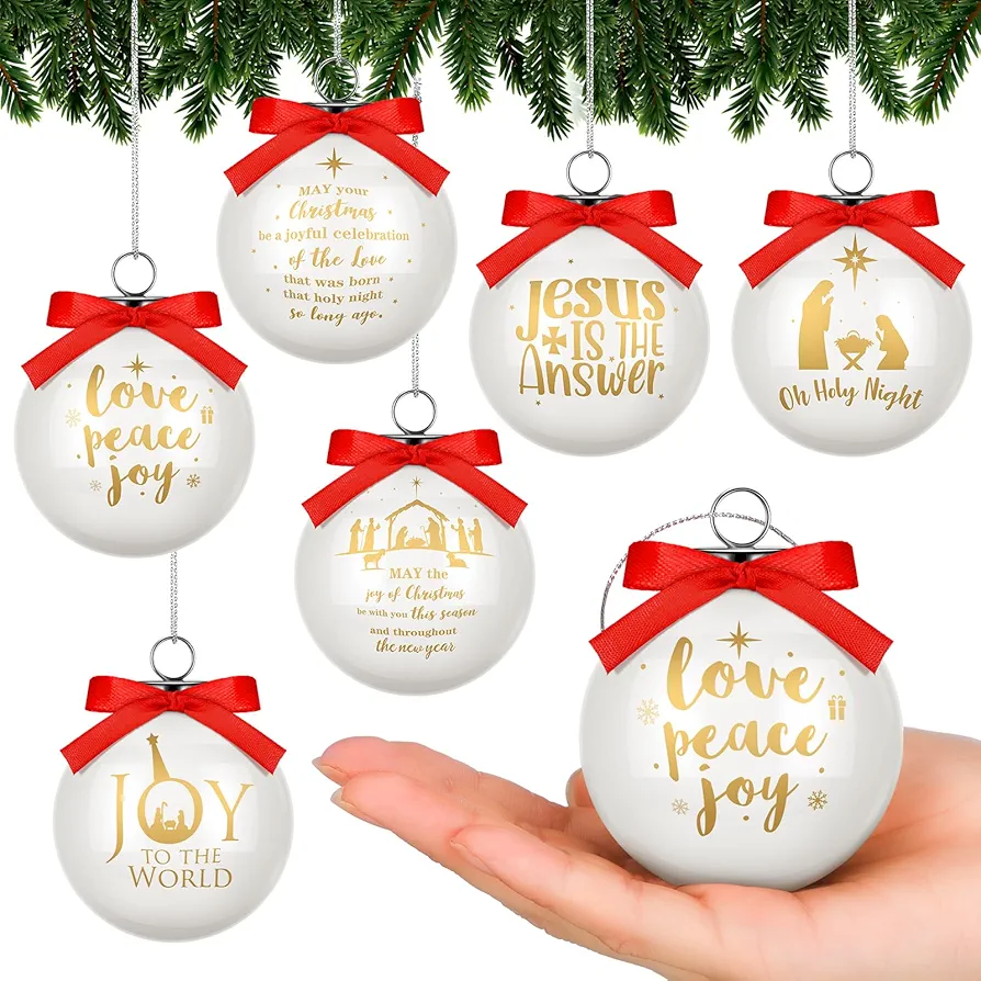 Syhood 6 Pcs Nativity Scene Ceramic Christmas Ball Ornaments 2.4 Inch White Porcelain Hanging Decor Religious Christmas Balls Hanging Inspirational Quote Nativity Ornament for Home Tree Xmas Party