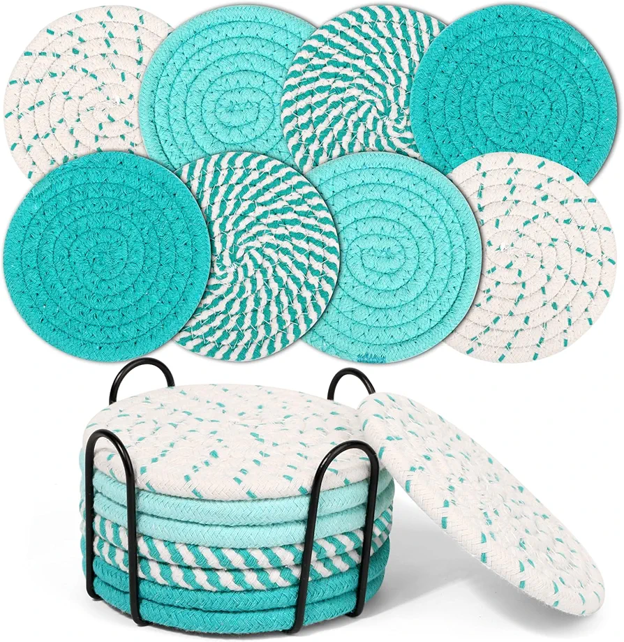 Mckanti 8 Pcs Coasters for Drink with Holder, 4 Colors Absorbent Coasters for Drinks, Minimalist Cotton Woven Coaster Set for Home Decor Tabletop Protection Suitable for Kinds of Cups, 4.3 Inches.