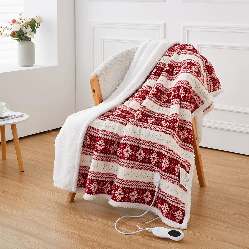 Heated Throw Blanket Throw Size, Cozy Soft Printed Flannel Electric Blanket, Heating Blanket with 6 Heat Settings & Auto-Off Timer, Machine Washable(50" x 60", Snow Red)