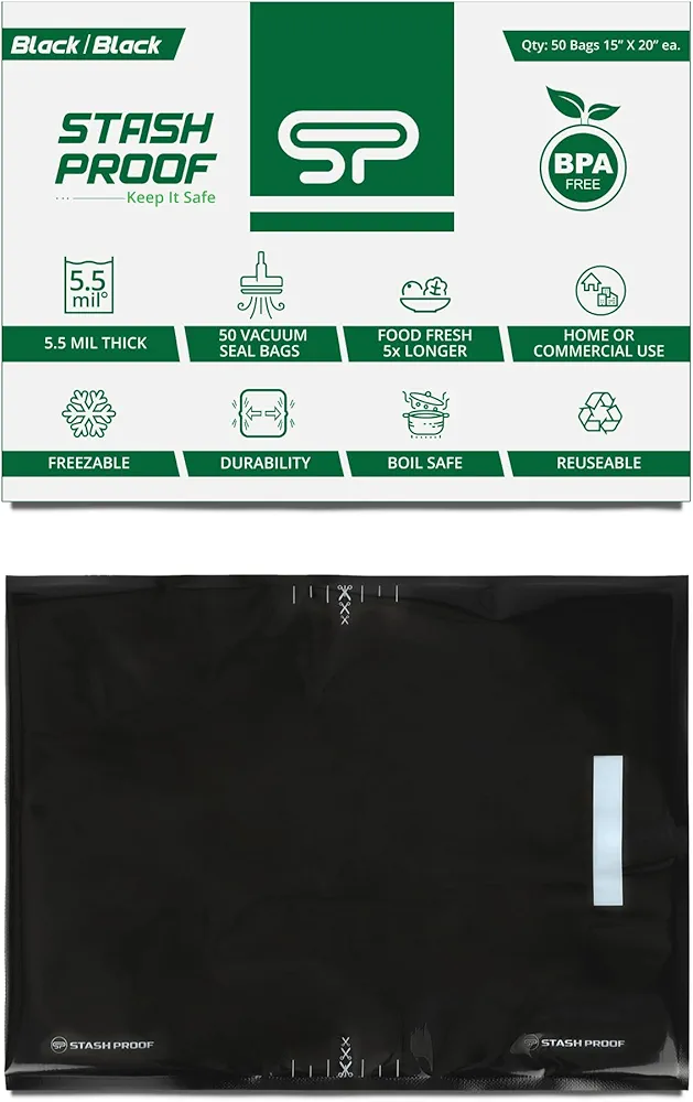 Vacuum Seal Bags 15" x 20" (50 Count) 5.5 Mil (Black and Black) - BPA Free Commerical Grade Food Saver for Storage, Sous Vide, and Meal Prep Sealer Bag