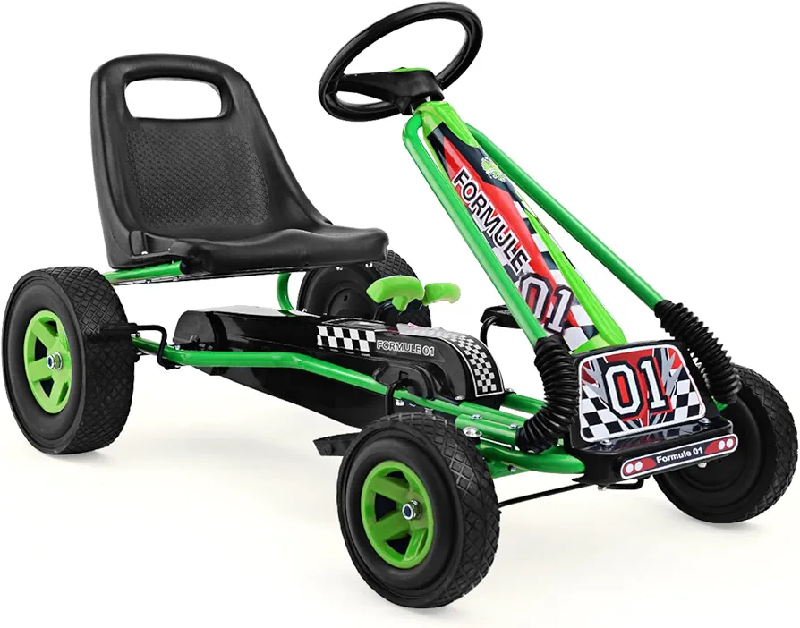 HONEY JOY Kids Go Kart Quad with Adjustable Seat, Safety Brakes, EVA Tires - Green Outdoor Pedal Racer Ride On Car