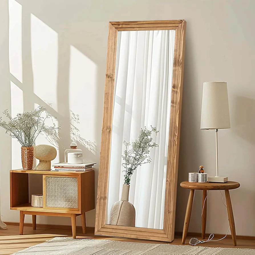 Full Length Mirror 65"x24" Solid Wood Frame Floor Large Mirror for Living Room, Bedroom Hanging or Leaning Wall-Mounted, Light Brown