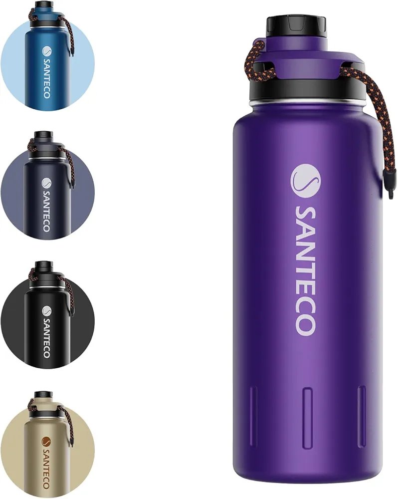 Insulated Water Bottles 32 oz, Santeco Stainless Steel Bottle with Lanyard & Wide Mouth Spout Lid, Leak Proof, Double Wall Vacuum Water Bottle, Keep Drinks Hot & Cold for Hiking Camping