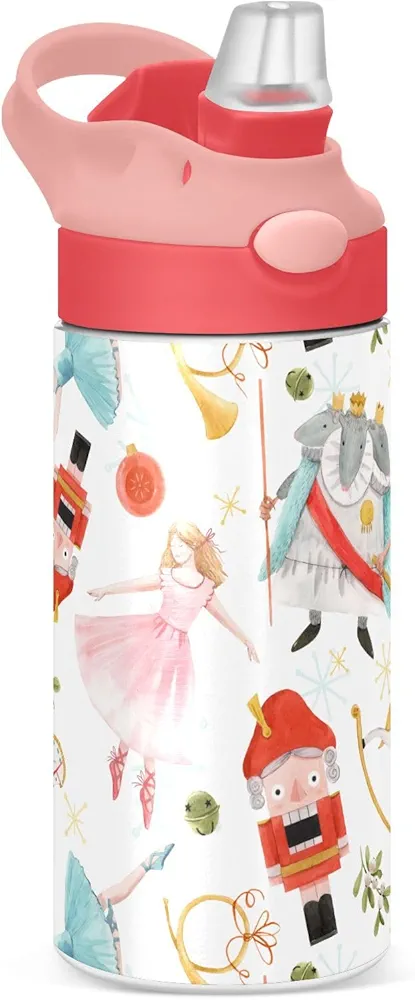 ALAZA Christmas Nutcracker Ballerina Princess Kids Water Bottles with Lids Straw Insulated Stainless Steel Water Bottles Double Walled Leakproof Tumbler Travel Cup for Girls Boys Toddlers 12 oz,Pink