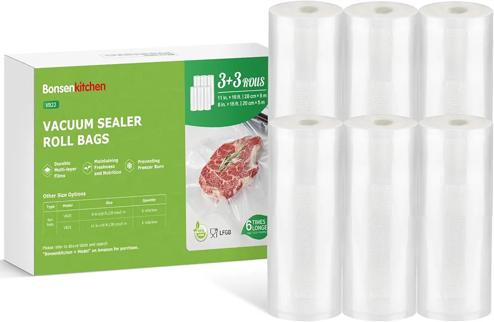Bonsenkitchen Vacuum Sealer Rolls Bags, 6 Pack 3 Rolls 11" x 16' + 3 Rolls 8" x 16' Commercial Grade BPA Free Bag Rolls, Durable Customized Size Food Vac Bags for Storage and Sous Vide Cooking VB22