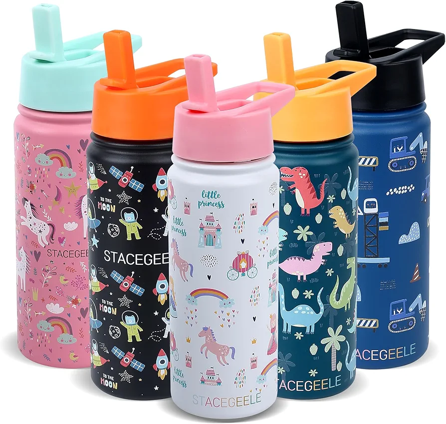 STACEGEELE Kids Stainless Steel Water Bottle with Straw Kids Insulated Water Thermos for School Kids Metal Water Bottles for Boys Girls Double Wall Vacuum Leak Proof BPA Free 18oz 550ml Princess
