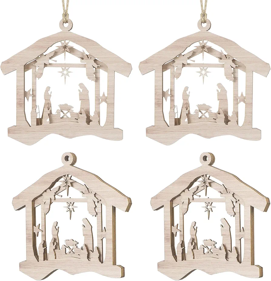 Blulu 4 Pieces Christmas Nativity Scene Ornaments Set Bulk 3D Christian Wooden House Hanging Ornament Xmas Tree Nativity Ornaments The Birth of Jesus Decor Religious Gift for Family (Wood Color)