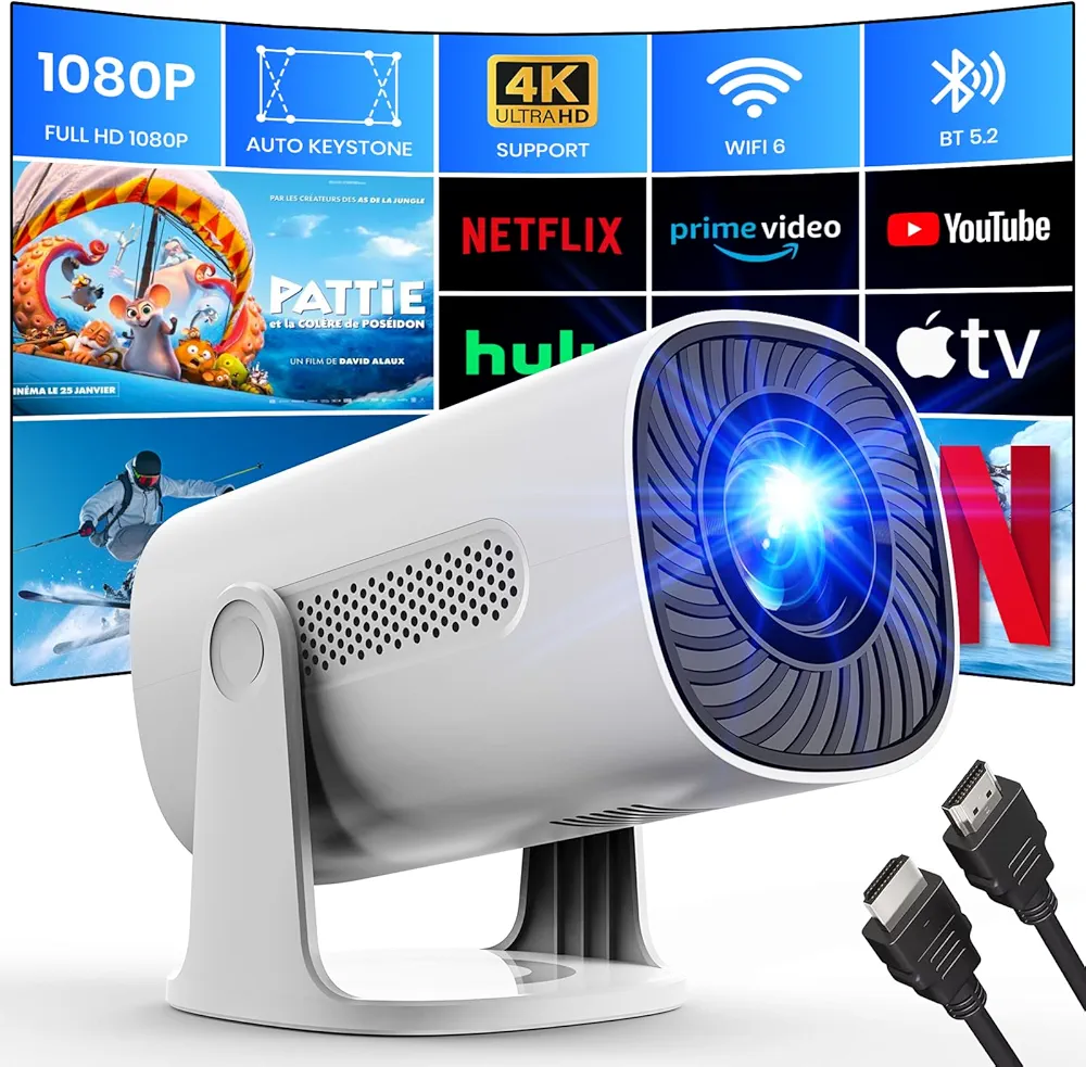 Mini Projector with WiFi and Bluetooth, 1080P Native 4K Support Projector Netflix, Prime Video, YouTube, Auto Keystone & Focus, Stereo Speaker, Zoom, Portable Outdoor Home Movie Projector, White