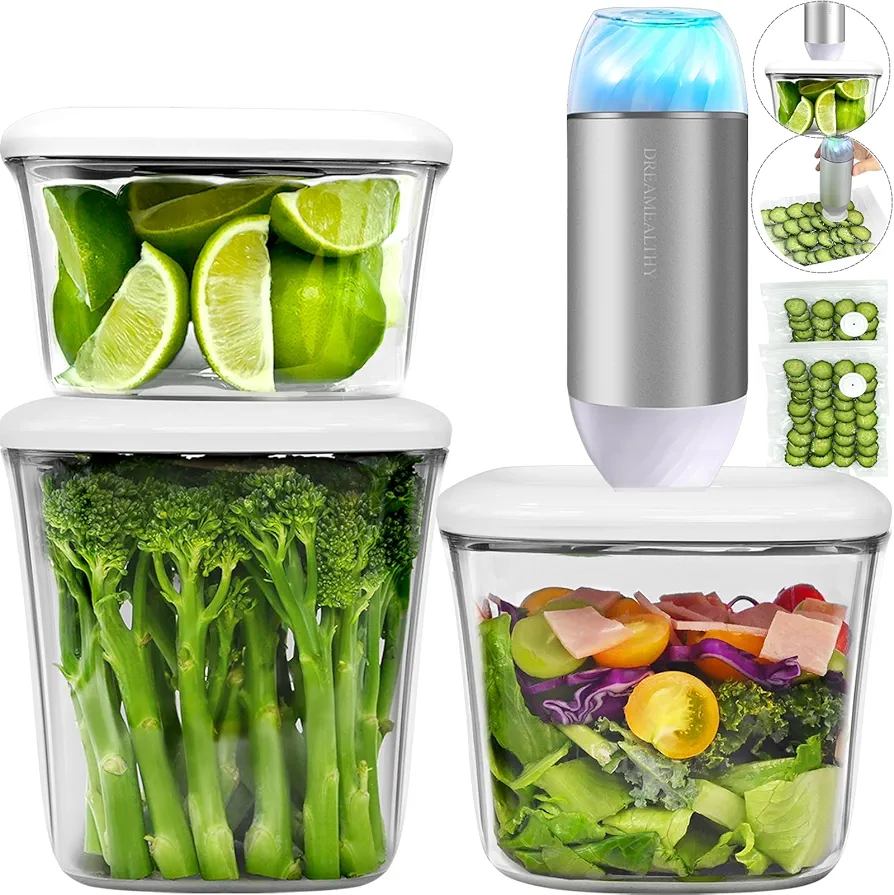 Auto Vacuum Seal Containers 1L+1.5L+2L with Compact Handheld Vacuum Sealer, 2 Vacuum Zipper Bags, One-Touch Seal, BPA Free Tritan, Airtight Food Storage Container with Lid also for Liquid