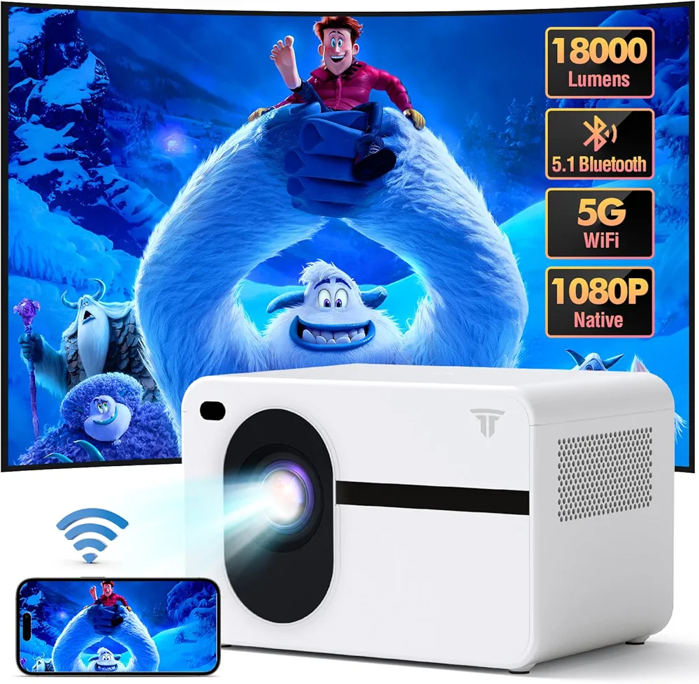 Projector with Wifi Bluetooth, Electric Focus Mini Projector Native 1080P Full HD 18000L Projector,500 ANSI Portable Outdoor Projector, Movie Projector Compatible with iOS/Android/HDMI/USB