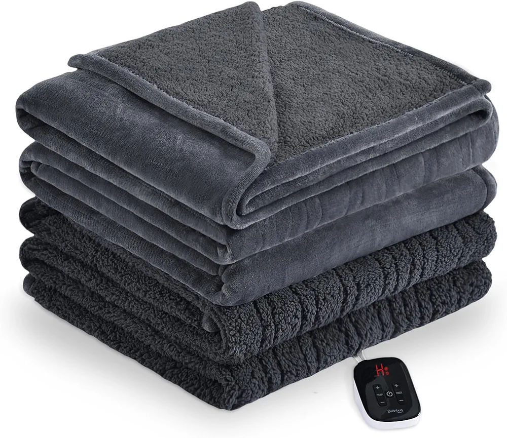 Bearhug Heated Throw Blanket, Fast Heating Electric Blanket, Over Heat Protect and ETC Certified (Gray-Velvet & Sherpa, Twin Size 62" × 84")