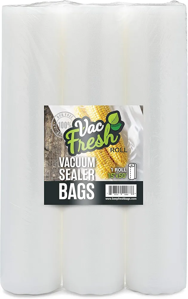 Vac Fresh Food Vacuum Seal Rolls (15" x 50', 3 Rolls) 3.5mil Embossed Food Storage Bags, Vacuum Seal Bags for Meal Prep, Sous Vide Bags for Cooking (150 Feet)