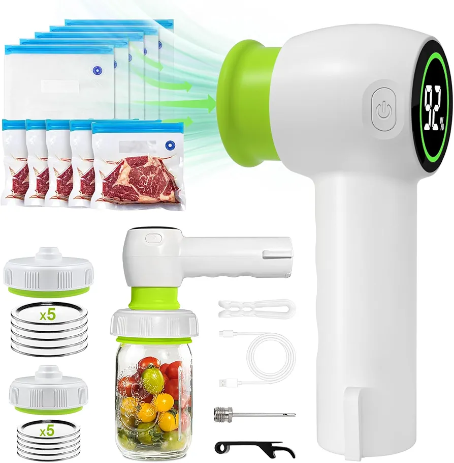 Handheld Vacuum Sealer for food，Compact Vacuum Sealer with 10 Sous Vide Bags&Mason Genie jar Lids Portable Vacuum Sealer Machine for Food Preservation & Fresh