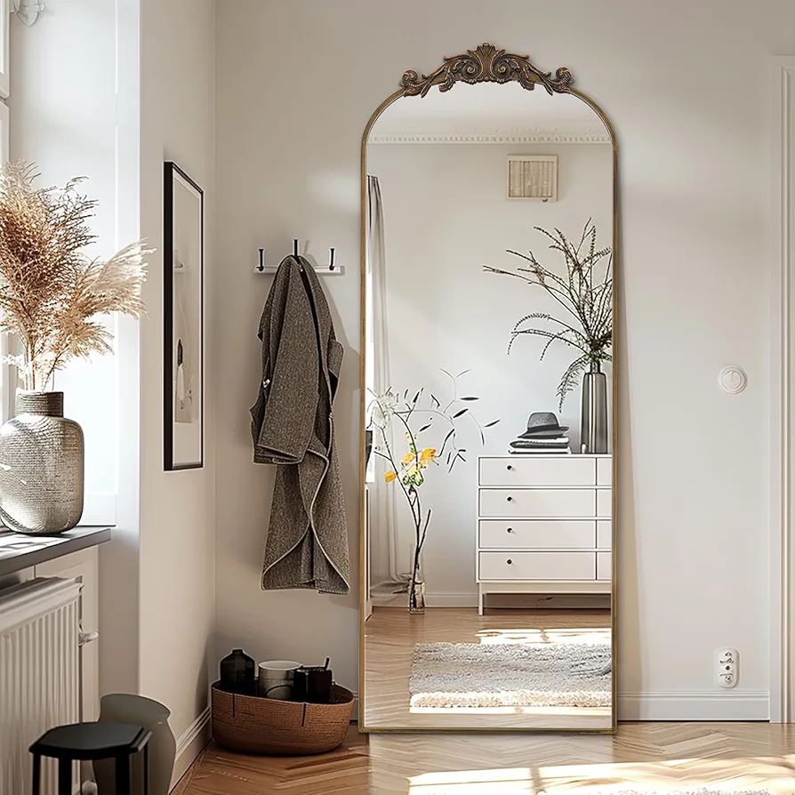 Filigree Floor Mirror 64"x21" Full Length Mirror Freestanding with Vintage Ornate Carved Applique Full Body Mirror Hanging Wall Mounted Mirror for Living Room Bedroom Retro Home Decor Mirror, Bronze