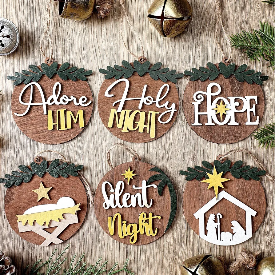 Shellwei 24 Pcs Christmas Nativity Story Wooden Ornaments Set Christmas Religious Scene Hanging Ornaments Bulk Christian Easter Gifts Xmas Tree Decoration Rustic Hanging Gift Tags for Family Crafts