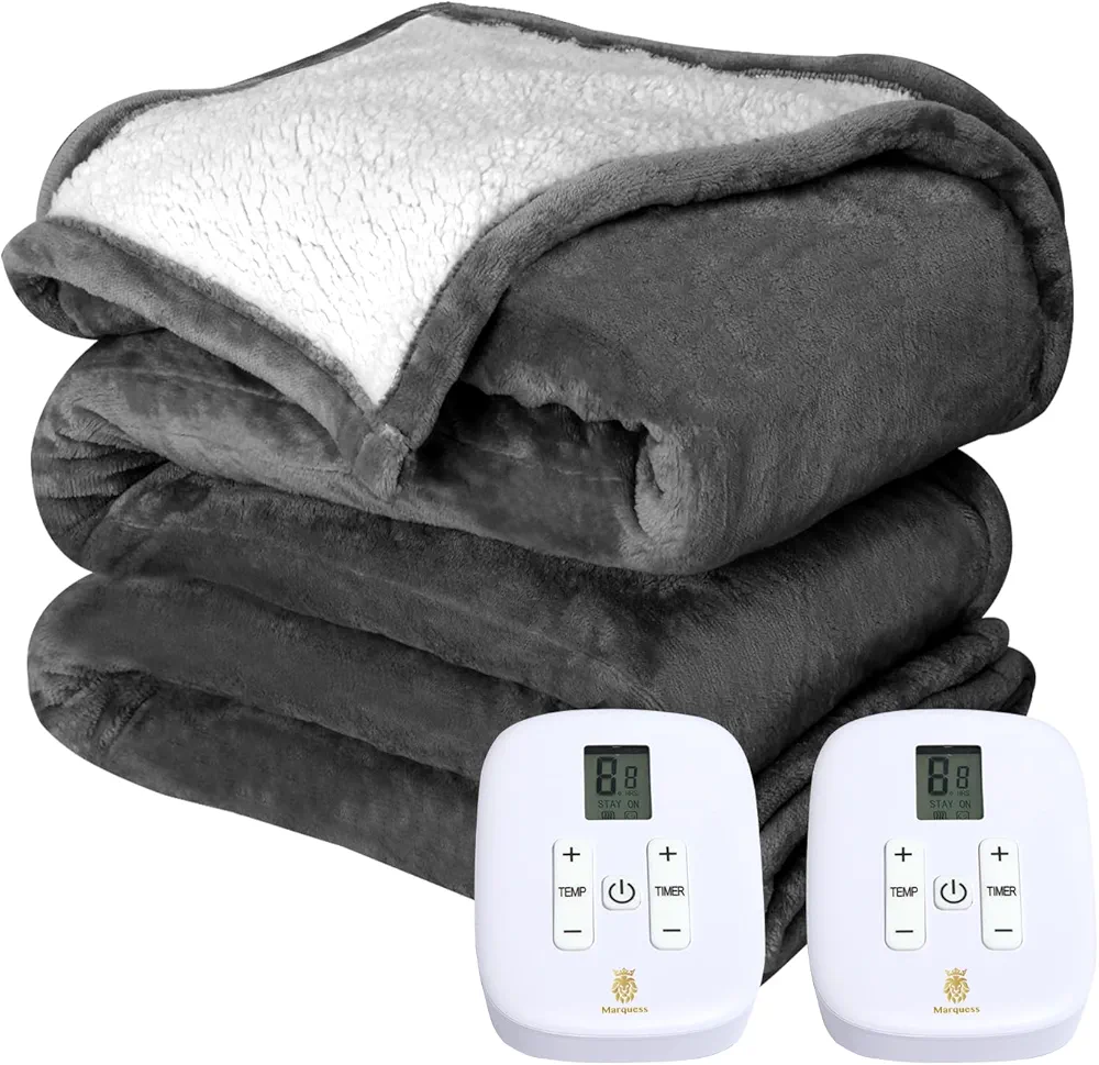 Marquess Electric Blanket Queen Size, Sherpa Flannel Heated Blanket with Dual Control, 10 Heat Settings, Automatic Shut Off Adjustable, Machine Washable (Grey, Queen)