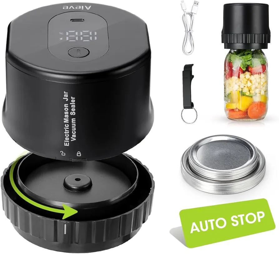 Aieve Fully Automatic Mason Jar Vacuum Sealer Kit, Electric Jar Vacuum Sealer for Mason Jars Wide Mouth and Regular Mouth