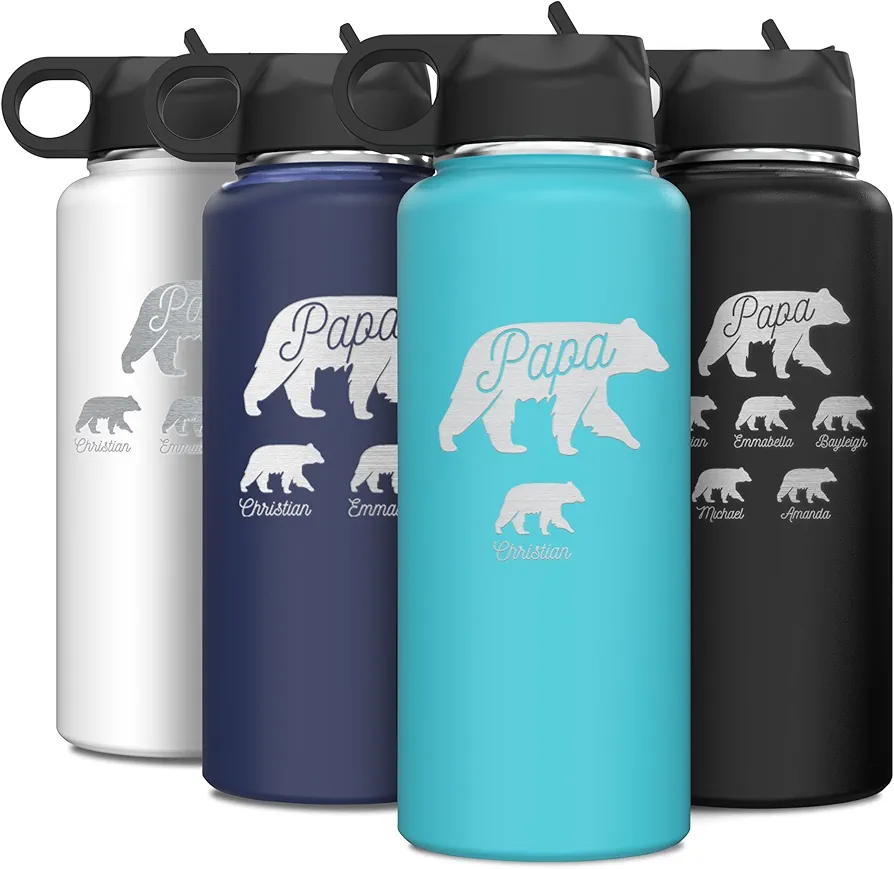 Personalized Papa Bear and Child's Names Cubs Insulated Stainless Steel Water Bottle with Flip Top Lid & Straw Custom Dad Gift 32 oz.
