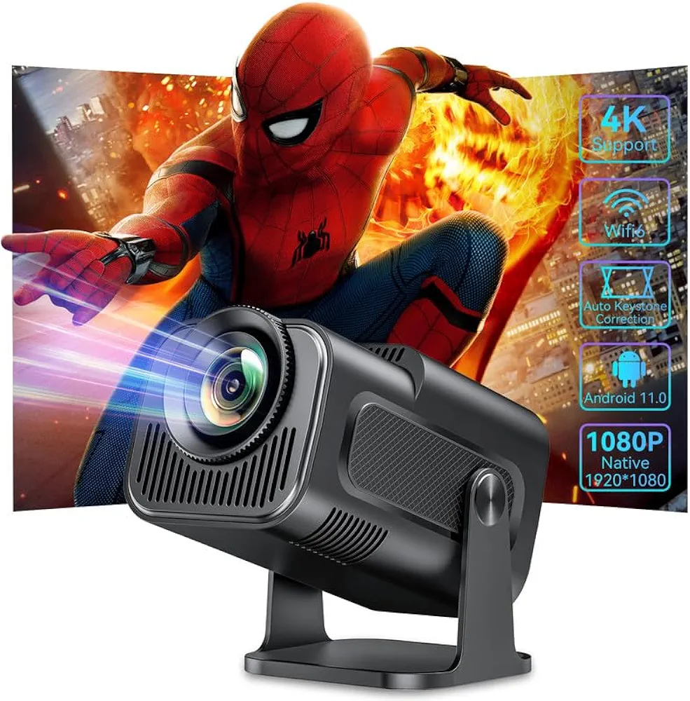 Smart Mini Projector with Android 11.0,2024 Upgraded Portable Projector 1080P 4K Full HD with WiFi 6 and BT5.2,180°Adjustable Stand, Auto Keystone Home Projector for Phone/TV Stick/Laptop