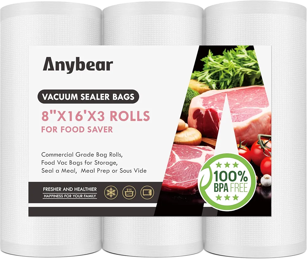 Vacuum Sealer Bags Rolls, 3 Pack 8''x16' Commercial Food Storage Bags for Custom Fit with BPA Free and Heavy Duty, Use for Storing Raw and Cooked Foods Meal Prep or Sous Vide