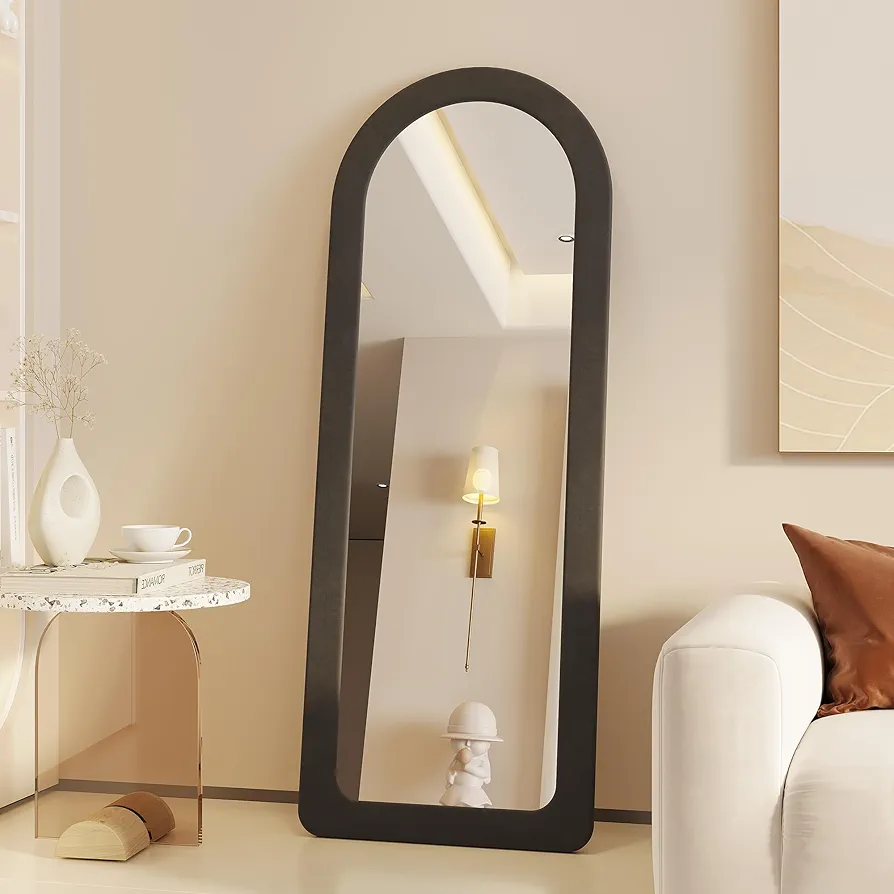 Vlsrka 63" x 24" Arched Full Length Mirror, Arch Floor Mirror with Flannel Wrapped Wood Frame, Standing Full Body Mirror, Large Wall Mounted Mirror for Bedroom, Living Room (Black)