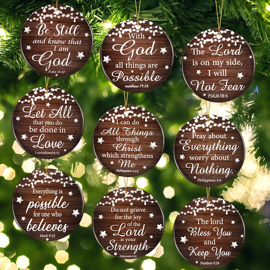 9 Pcs Christmas Hanging Ornaments Xmas Religious Bible Verse Ornaments Ceramic Christmas Tree Hanging Decorations Gift for Family Friends Winter Holiday Keepsake Decors (Round)