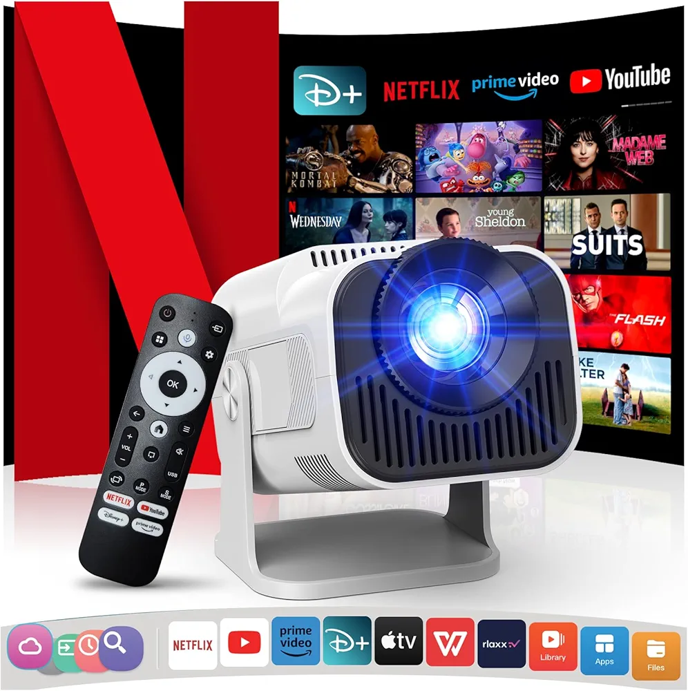 [Netflix Official/Stereo Speakers] 4K Projector with Wifi and Bluetooth, 1080P Native Mini Projector Portable, One-Click Use Built-in Netflix/YouTube/PrimeVideo/D+, Smart Home Outdoor Projector-White