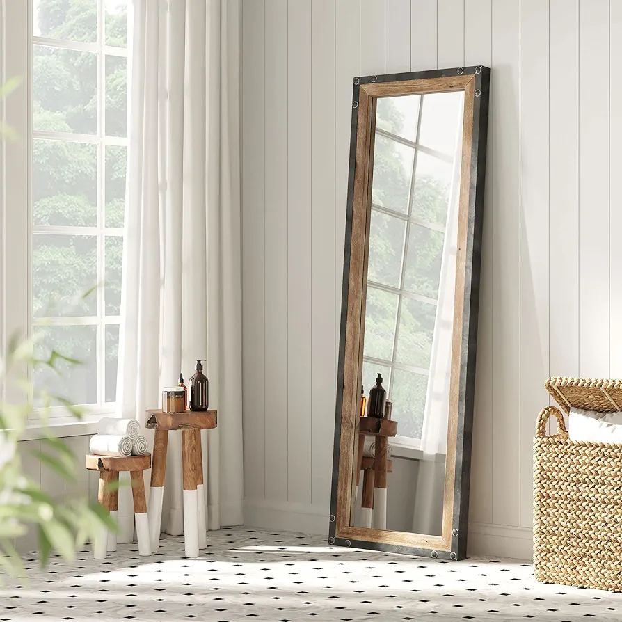 Barnyard Designs 16x48 Leaner Floor Mirror Full Length, Large Rustic Wall Mirror, Free Standing Leaning Hanging Wood and Metal Mirror Full Size, Farmhouse Long Mirror Bedroom Living Room, Brown