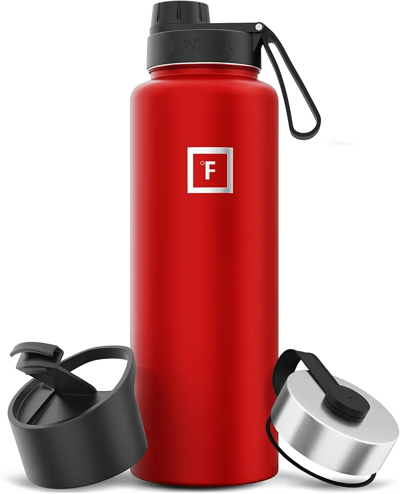 IRON °FLASK Camping & Hiking Hydration Flask with 3 Lids - Stainless Steel, Double Walled & Vacuum Insulated Water Bottle - Leak Proof & BPA Free (Fire Red, Spout - 40 oz)