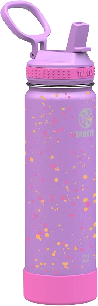 Takeya Actives 22 oz Vacuum Insulated Stainless Steel Water Bottle with Straw Lid, Premium Quality, Purple Love