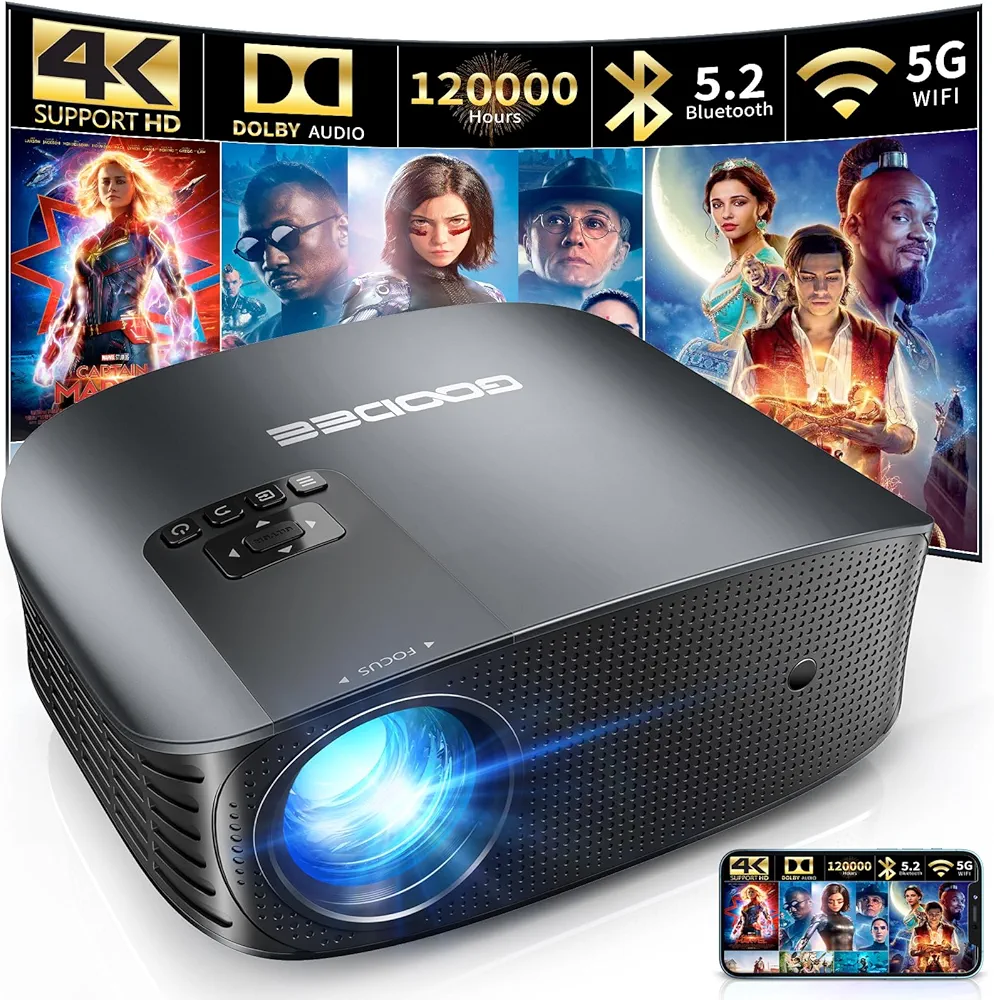 GooDee Projector 4K With WiFi And Bluetooth Supported, FHD 1080P Mini Projector For Outdoor Moives, 5G Video Projector For Home Theater Dolby Audio Zoom Portable Projector TV Stick PPT (YG600 Plus)